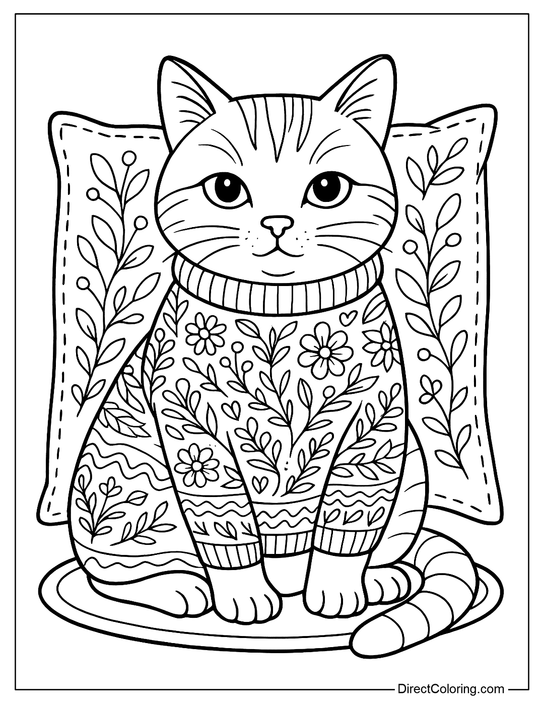 Coloring Page Cat sits quietly in a floral sweater with a detailed floral pattern, with a hand-embroidered pillow in the background